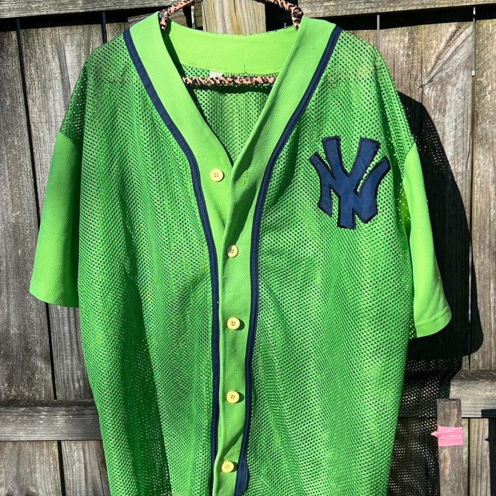 Neon Green and blue New York Yankees mesh baseball jersey.